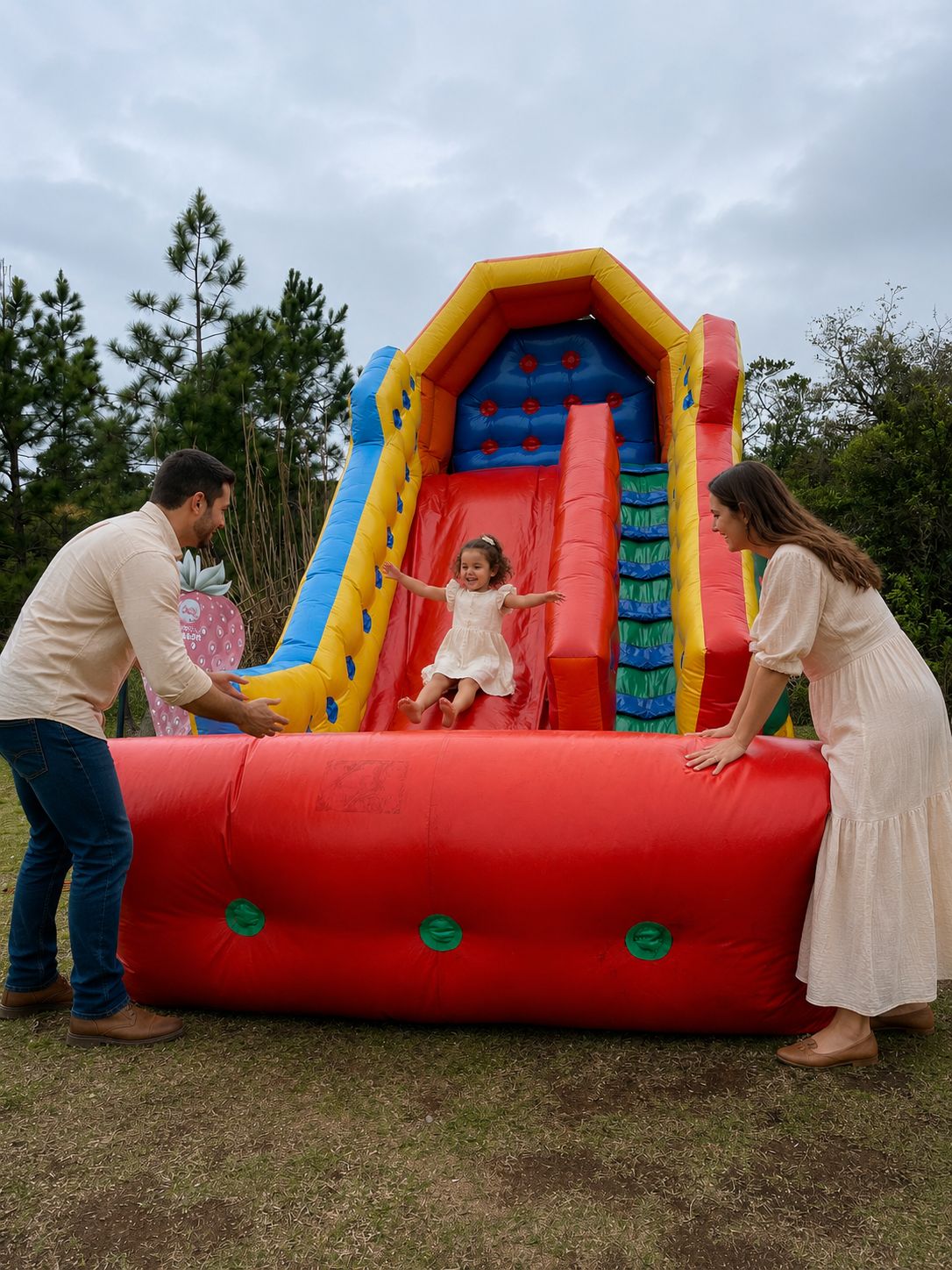 Criança brincando no brinquedo inflável com os pais
