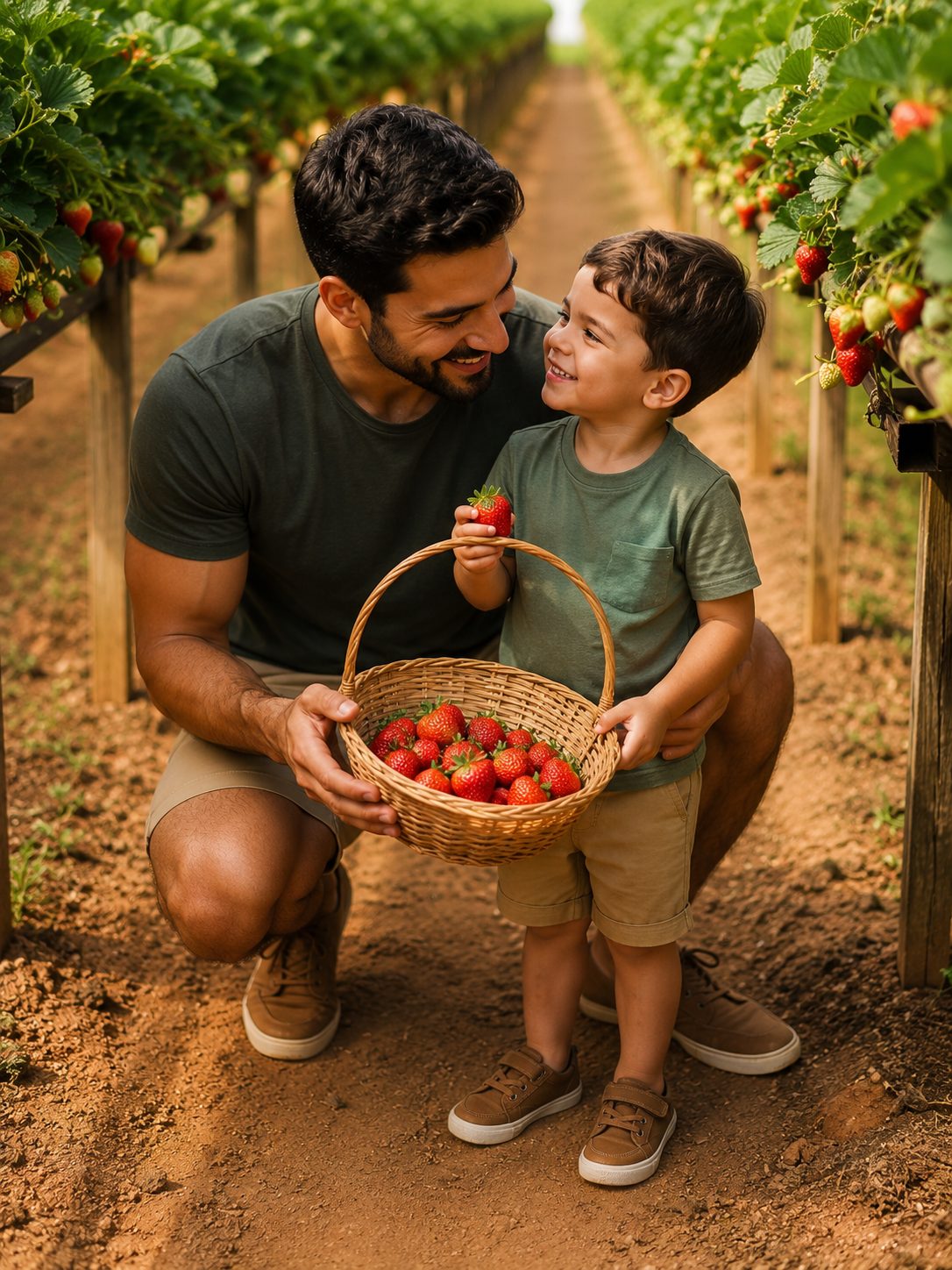 Pai e filho colhendo morangos