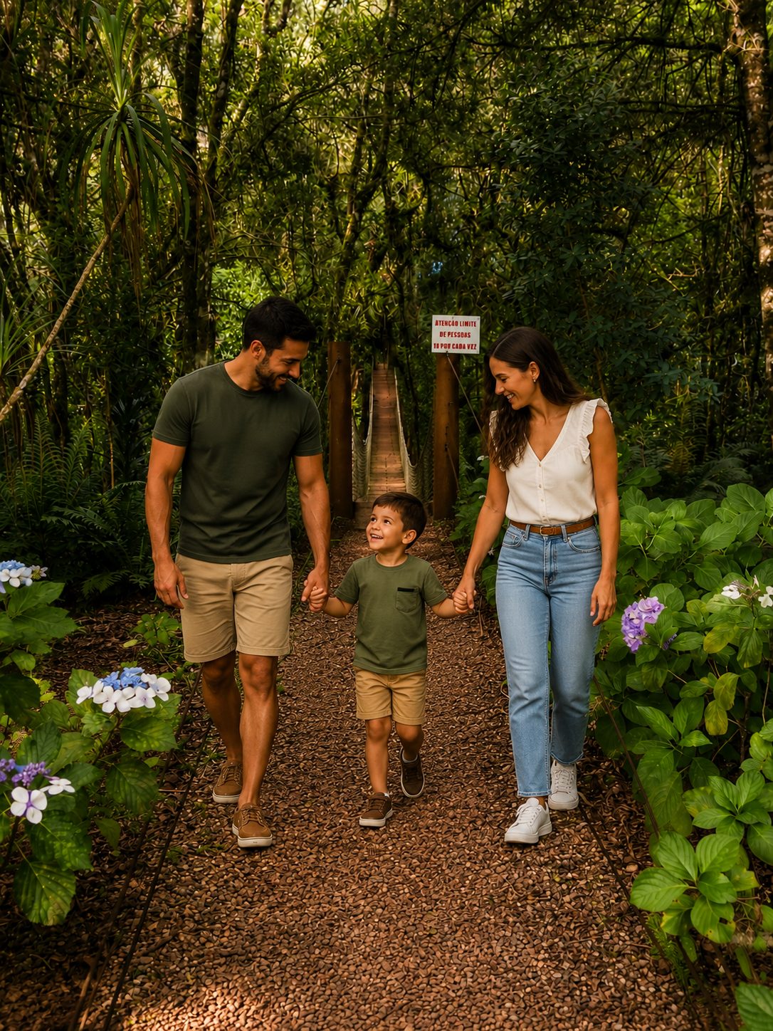 Família caminhando em meio à natureza