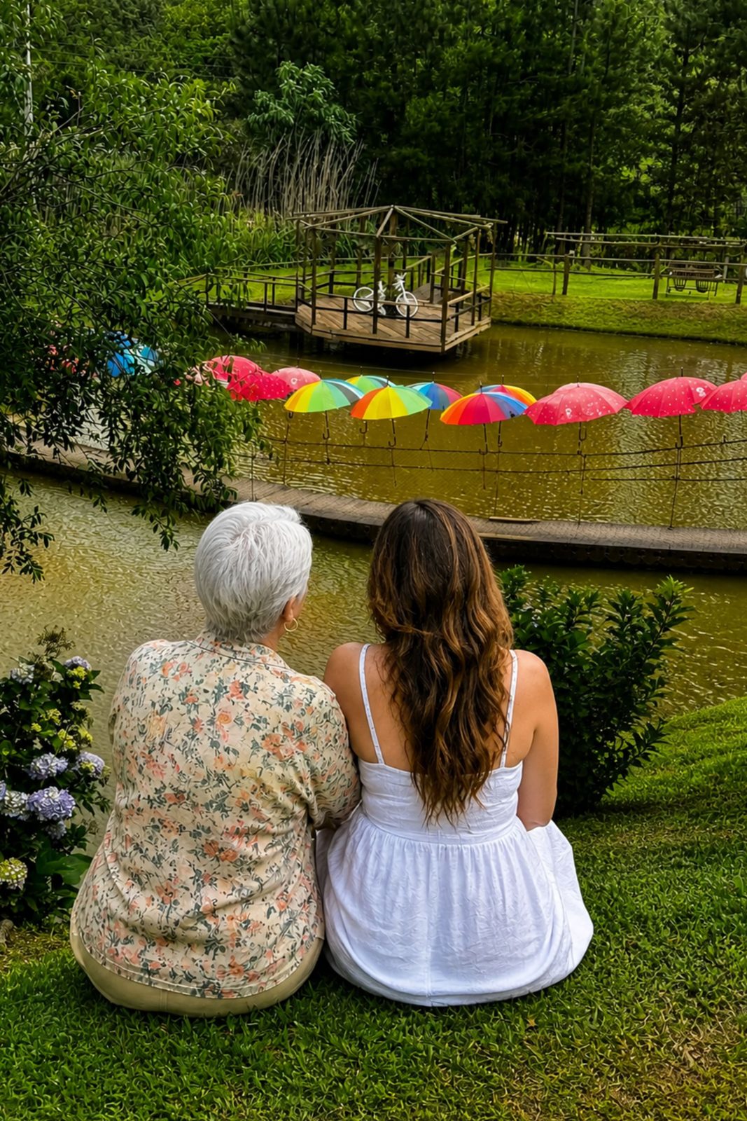 Mãe e filha de costas contemplando a paisagem